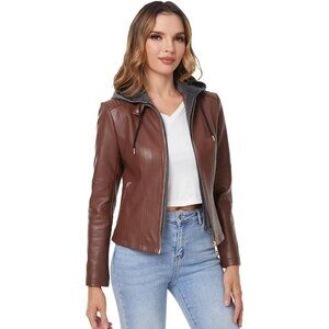 Women Brown  Faux Leather Jacket Hooded Moto Biker Outwear Coat